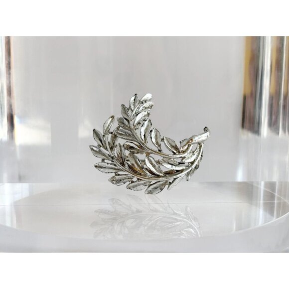 80's Textured Floral | Foliage | Leaf Shaped Silver T Vintage Lapel Brooch Pin - Picture 2 of 10